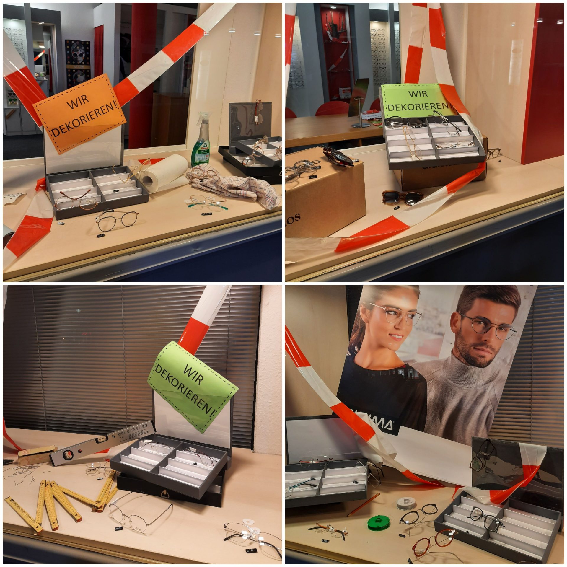 Optikergeschäft dekoriert Schaufenster mit Brillen.