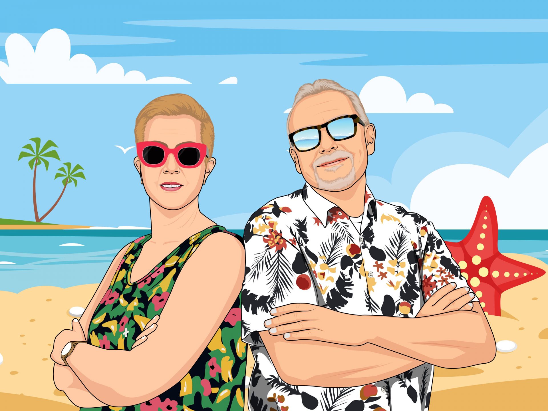 Zwei Personen am Strand mit Sonnenbrillen