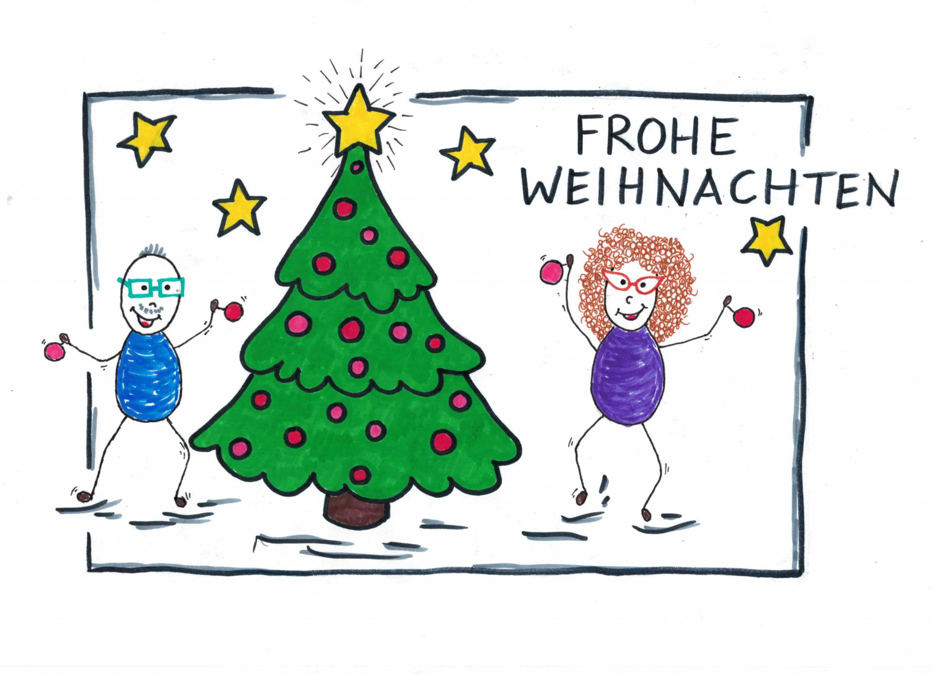Weihnachtsbaum, fröhliche Menschen, Frohe Weihnachten